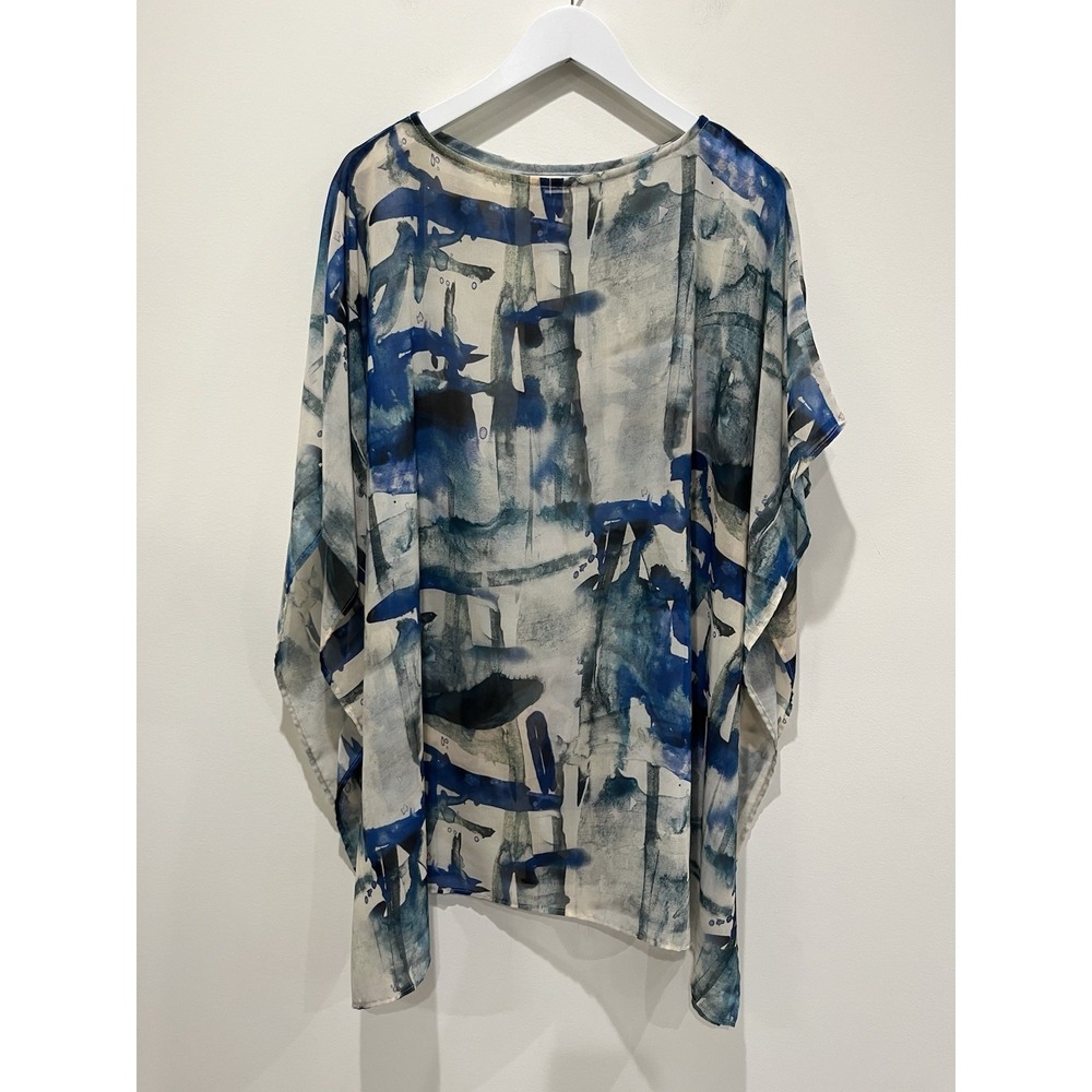 Vtg 90s Bryn Walker Blue Grey Sheer Poncho Top M Italian Fabric USA Boho Sheer